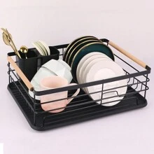 Living And Home Kitchen Countertop Stainless Steel Dish Drainer Rack,Cutlery Holder Dish Drying Rack With Wooden Handle,Kitchen Organizer Storage Shelf