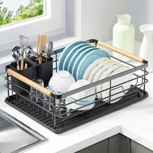 Living And Home Kitchen Countertop Stainless Steel Dish Drainer Rack,Cutlery Holder Dish Drying Rack With Wooden Handle,Kitchen Organizer Storage Shelf