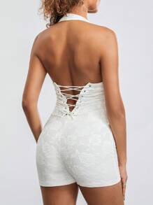 Women's Lace Bodysuit Shorts Sleeveless Halter Back Cross Bandage Jumpsuit Party Rompers - White - View 5