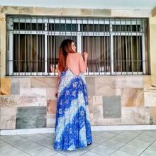 Long Dress Racerback Silk Print Party Dress, Wedding, Christening, Graduation - Màu xanh lam - Xem 2