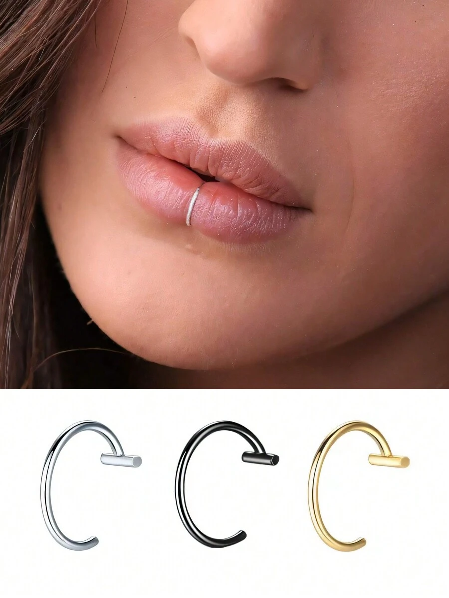 5 件装唇鼻环中性 10 毫米/0.39 英寸银色/金色/黑色朋克唇形耳鼻夹假膜片带穿孔唇环身体首饰钢环