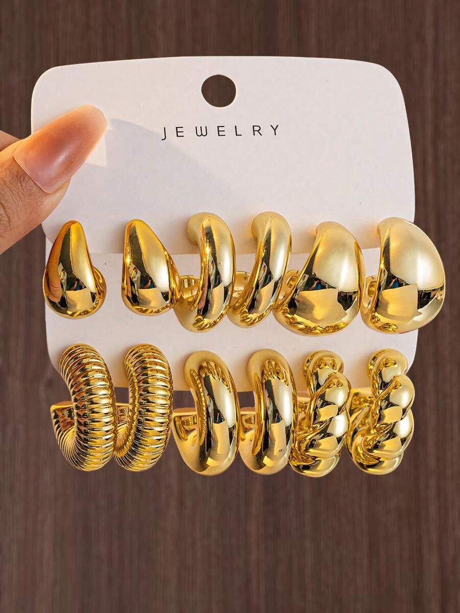 6pcs-12pcs/Set C-Shaped & Water Drop Hoop Earrings For Women - Fashionable Geometric Design, Suitable For Daily Wear & Women Jewelry Gift Earrings