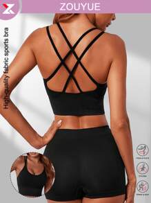 交叉运动胸罩，美背跑步健身瑜伽胸罩，女士运动服 - 黑色 - 查看 1