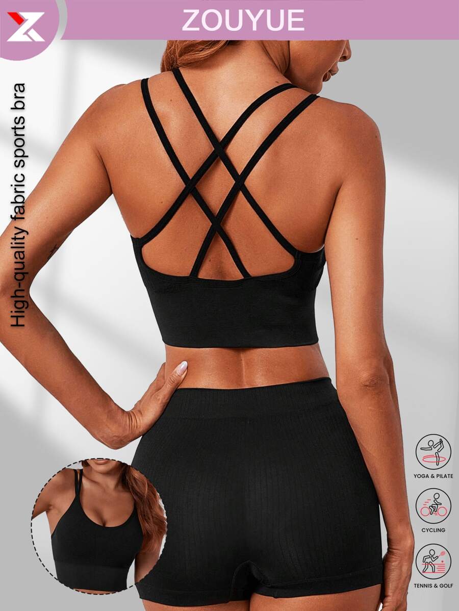 交叉运动胸罩，美背跑步健身瑜伽胸罩，女士运动服 - 黑色 - 查看 1