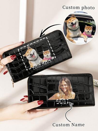 Cartera de caimán personalizada con múltiples ranuras para tarjetas, que permite incluir imagen impresa, nombre y firma, ideal como regalo para el Día de San Valentín, Día de la Madre o cumpleaños para mujeres, local