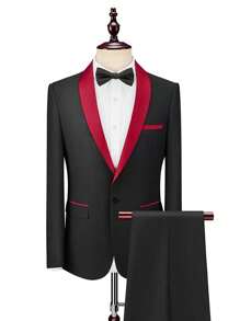 2 Pcs Gentleman Formal Black & Red Wedding/Party Suit Set: Jacket & Pants - Black - View 1