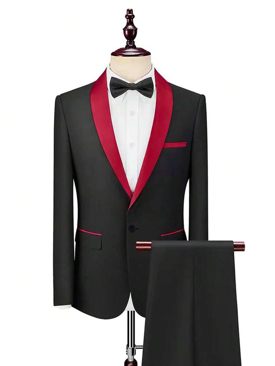 2 Pcs Gentleman Formal Black & Red Wedding/Party Suit Set: Jacket & Pants - Black - View 1