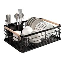Living And Home Kitchen Countertop Stainless Steel Dish Drainer Rack,Cutlery Holder Dish Drying Rack With Wooden Handle,Kitchen Organizer Storage Shelf