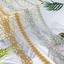 1码金色仿珍珠串珠刺绣蕾丝花边，适用于婚纱装饰、帽子、包包、裙子、DIY配饰 - 彩色 - 查看 10