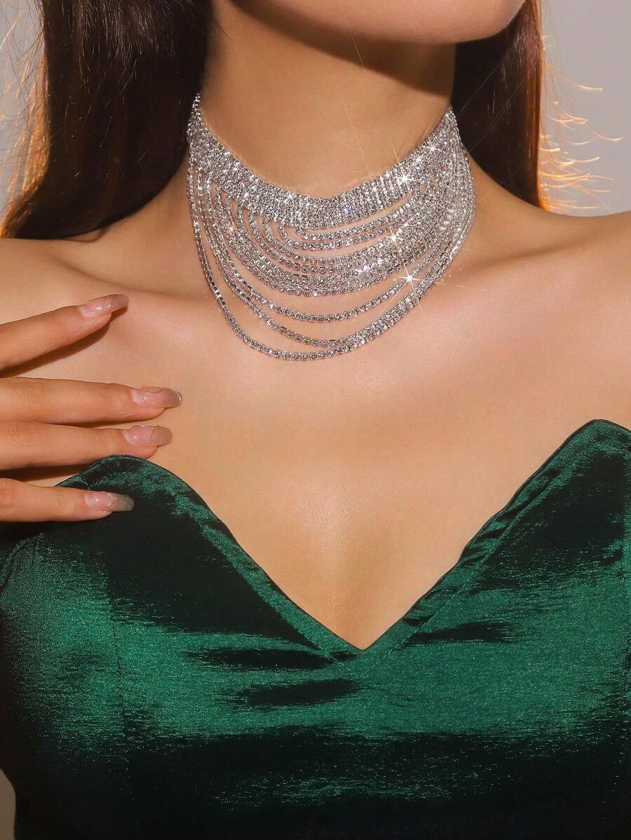 Christmas Retro Palace CZ Fantasy Multi Layer Crystal Rhinestone Necklace Earring For Wife Girl Friend Valentines Gift 1 Set - Silver - View 1