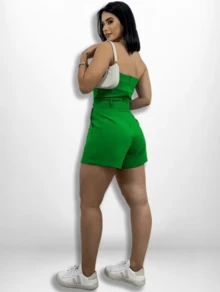 Women's Short Jumpsuit Tailored Strapless With Belt - 墨綠色 - 查看 3