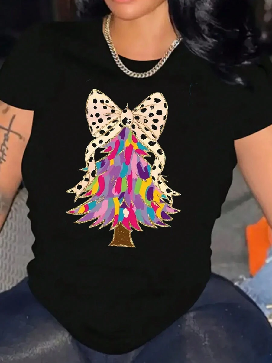 Women's Christmas Tree Graphic Print Tee Casual Short Sleeve Shirt Breathable For Everyday Wear