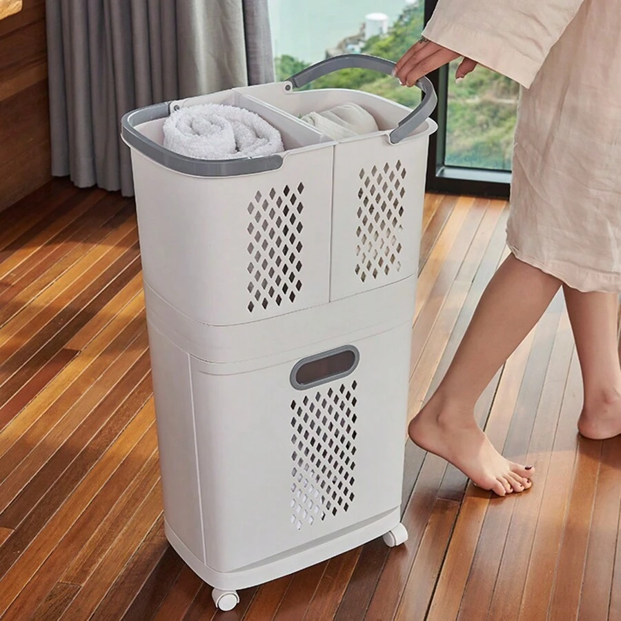 Living And Home 3 Compartment Laundry Baskets,Household Multi-Layer Dirty Clothes Basket With Wheels,Laundry Hamper,Removable Storage Basket,Laundry Sorter Hamper With Handles For Bathroom,Washing Room - White - View 1