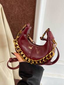 1pc Women's Fashion Solid Crescent-Shape Mini Crossbody Bag, Minimalist Design, Oil Wax Leather Chain Strap Handbag With Zipper Closure, Adjustable Shoulder Strap, Suitable For Party, Gift, Everyday Use - Burgundy - View 9