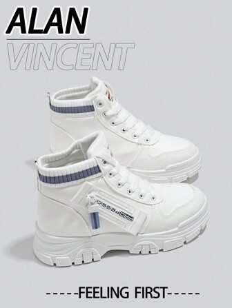  Alan Vincent 白色女鞋 2025 新款女式高帮休闲运动鞋系带拉链女士平底鞋舒适时尚