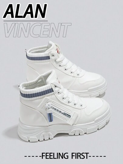  Alan Vincent White Shoes For Women 2025 New Women's High-Top Casual Sports Shoes With Lace-Up, Zipper, Ladies Flat Shoes Comfortable And Fashionable