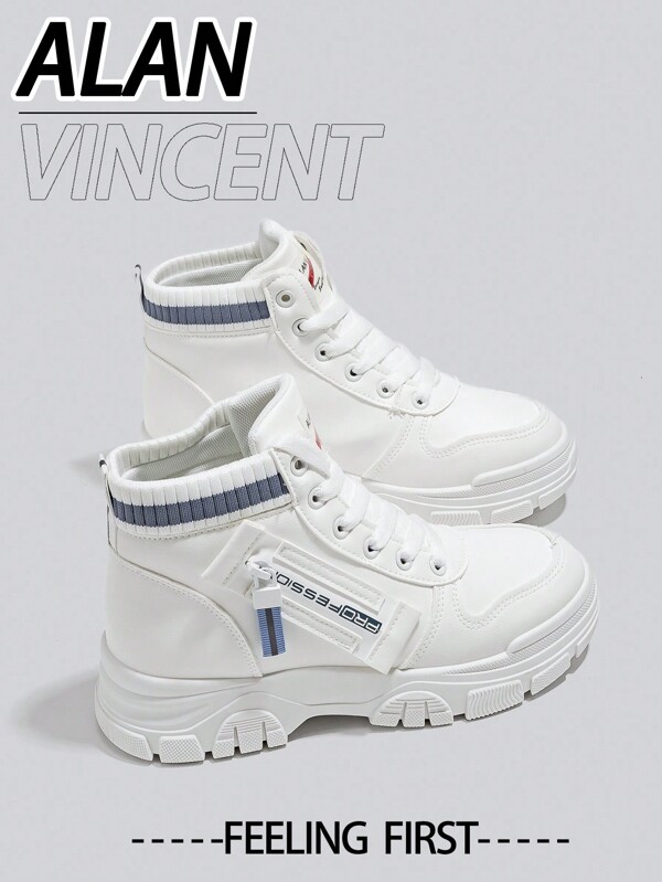 Alan Vincent Alan Vincent White Shoes For Women 2025 New Women's High-Top Casual Sports Shoes With Lace-Up, Zipper, Ladies Flat Shoes Comfortable And Fashionable