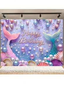 1pc Mermaid & Faux Pearl Shell Happy Birthday Backdrop - Multifunctional Polyester Photography Background For Party, Shower, Photo Booth And Home Decor