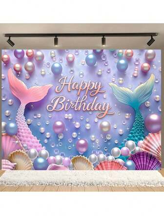 1 pieza Fondo de Feliz Cumpleaños con Sirena y Concha de Imitación de Perla - Fondo de fotografía de poliéster multifuncional para fiesta, ducha, cabina de fotos y decoración del hogar
