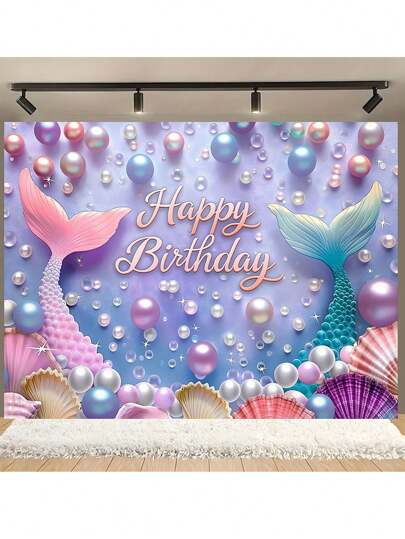 1 st sjöjungfru- och konstpärlsnäcksbakgrund för födelsedag - multifunktionell polyesterfotografibakgrund för fest, dusch, fotobås och heminredning
