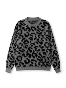 Men's Vintage Leopard Contrast Color Fuzzy High Street High-End Casual Knit Sweater, Round Neck, Autumn/Winter