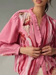 Women Long Sleeve Shirts Floral Print Ruffles Button Down Fashion Blouses Spring Loose Casual Shirt Tops - Pink - View 6