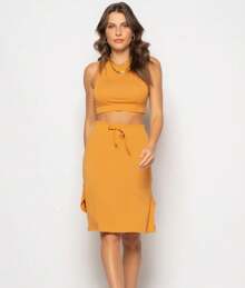 Salvatore Cropped Set With Cutout And Midi Skirt - 駝色 - 查看 2