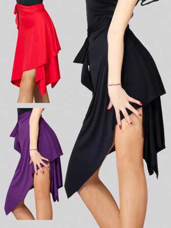 Asymmetric Hem Latin Dance Skirt With Side Tie, Ruffle Hem And Flowy Design, Suitable For Practice And Performance