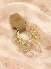 6pcs Women's Faux Pearl Bowknot, Resin Heart & Round Beaded Bracelet Set, Elegant For Party Wear