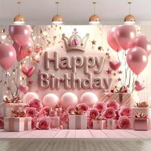 1pc Elegant Crown & Balloon Birthday Party Backdrop Banner, Suitable For Party Background Wall Decor, Celebration & Birthday Anniversary Decoration, Easy To Hang, Indoor & Outdoor Use - Pink - View 2