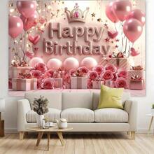 1pc Elegant Crown & Balloon Birthday Party Backdrop Banner, Suitable For Party Background Wall Decor, Celebration & Birthday Anniversary Decoration, Easy To Hang, Indoor & Outdoor Use - Pink - View 3