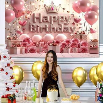 1 件优雅皇冠和气球生日派对背景横幅，适用于派对背景墙装饰、庆祝和生日周年纪念装饰，易于悬挂，室内和室外使用
