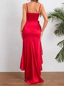 Christmas Celebrity Style Sexy & Elegant Spaghetti Strap Ruffle Trim Slit Dress For Women, YJ24331, Formal Evening Prom Dress, For Wedding Guest, Graduation, Dinner New Year Eve