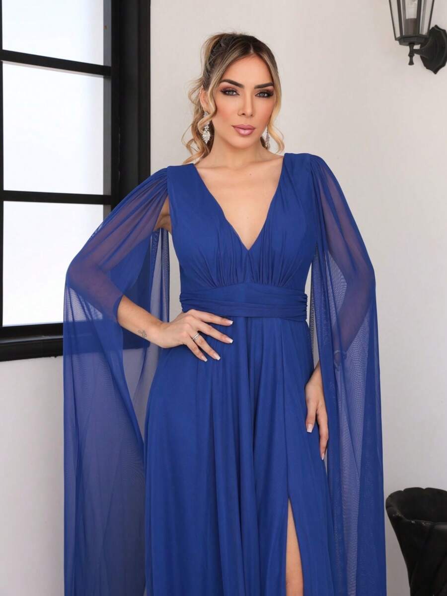 Elegant Women's V-Neck Long Sleeve Solid Color Slit New Year Party Dress - Xanh đậm - Xem 1