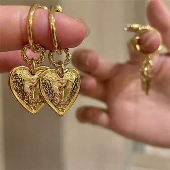 1pair European And American Style Heart Shaped Gold-Plated Heavy Metal Dangle Earrings, Great For Fashion Street Photography Women's Autumn Valentines,Mom,Mother,Mother's Day,Gift