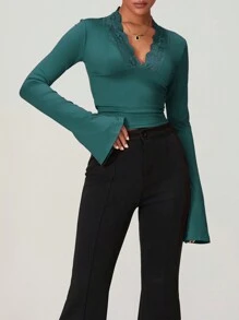 Women's Lace Trim Crop Tops Y2k Long Flare Sleeve Going Out Tops Cute Wrap  Deep V Neck Blouse Tee Shirts - 綠色 - 查看 5