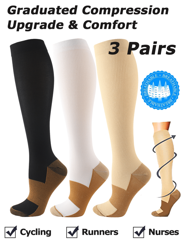 3 Pares de Meias de Compressão para Mulheres e Homens 15-20 mmhg, Altura do Joelho, Maternidade, Enfermeira, Gravidez, Médica, Bonita, Esportiva, Dourada, Ajuste Ciclismo, Adulto, Meia de Suporte Longa para Mulheres