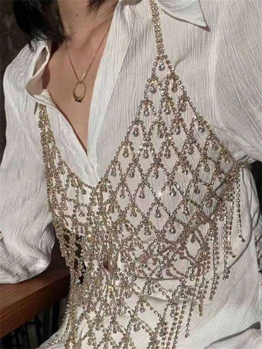 Rhinestone Mesh Tassel Chest Chain, Suitable To Wear With Blouse - Body Chain - View 1