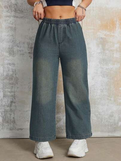 Jeans droits décontractés avec taille élastique lâche pour femmes, convient pour le printemps et l'été