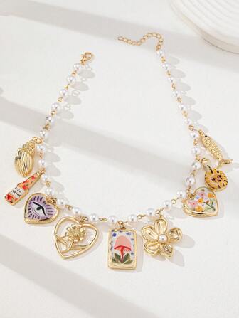 1 件心形小盒、樱桃、牛仔帽、靴子、蝴蝶结、钥匙多饰项链、波西米亚风仿珍珠串珠项链带饰物（手工制作，形状和颜色随机变化）情人节、妈妈、母亲、母亲节、礼物