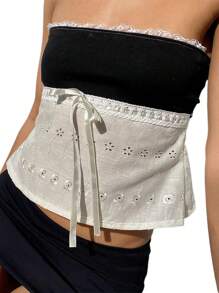 Women Y2k Tube Top Fairy Grunge Lace Trim Strapless Bandeau Lacing Hollowed Patchwork Crop Tops Sexy Backless Going Out Tops Vintage Aesthetic Clothes Streetwear - 黑色 - 查看 7