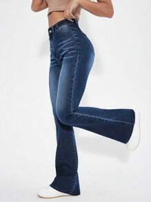 Women's Flare Bell Bottom Jeans Mid Waisted Wide Leg Bootcut Jeans Stretchy Denim Pants - Rửa tối - Xem 2