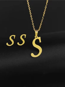 1 套钛钢 26 字母设计时尚百搭耳钉和吊坠项链首饰套装，适合男士，18K 镀金，适合送礼和日常佩戴