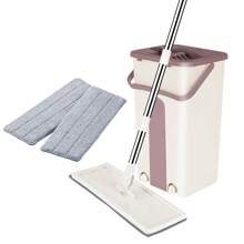 Set de 2 serpillères - Balai plat 360°, seau compact, manche extra long en acier inoxydable de 115 cm, 2 serpillières en microfibre - pour toutes les surfaces lisses (set de serpillères) - Kaki - Voir 1