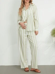 Women's Pajama Set Long Sleeve Button Down Shirt Wide Leg Pants Sleepwear 2-Piece Striped Lounge Pj Set - màu xanh lá - Xem 2
