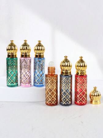 Colored Glass Essential Oil Roller Ball Bottle 1Pc 8ml Luxury Style Electroplated Carve Perfume Bottle With Roller Ball Portable Travel Empty Roll On Bottle Travel Essentials