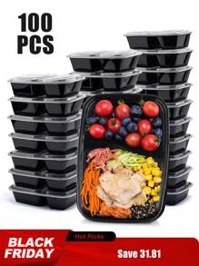 100 个可重复使用的餐食准备容器，带盖食品容器，外带容器，午餐-微波炉、冰柜、洗碗机安全，圣诞派对圣诞装饰圣诞装饰品圣诞礼物和，万圣节派对万圣节装饰万圣节装饰品万圣节礼物