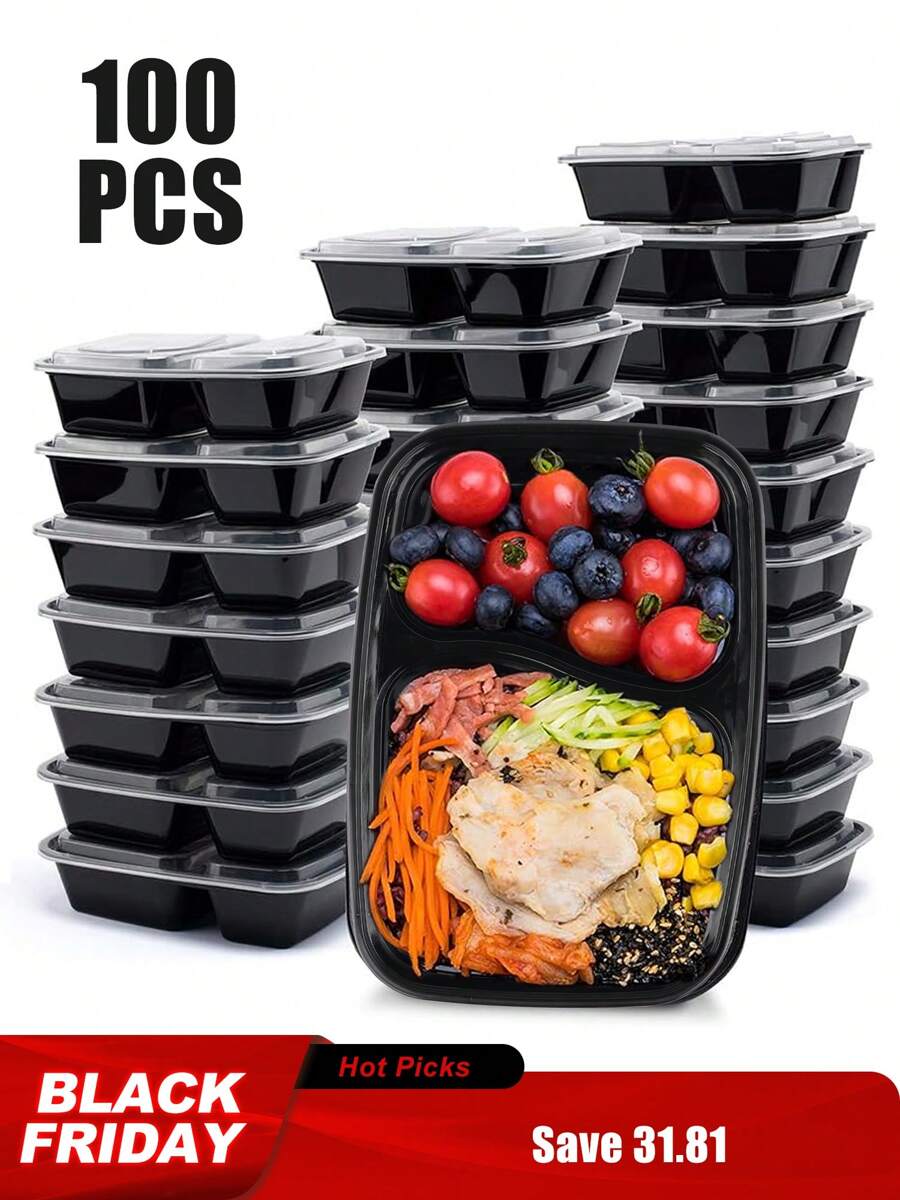 100 个可重复使用的餐食准备容器，带盖食品容器，外带容器，午餐-微波炉、冰柜、洗碗机安全，圣诞派对圣诞装饰圣诞装饰品圣诞礼物和，万圣节派对万圣节装饰万圣节装饰品万圣节礼物