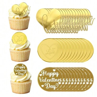 5 piezas/10 piezas/20 piezas Decoración para pastel en forma de corazón de acrílico dorado, para el Día de San Valentín, decoración de cupcakes para bodas y fiestas