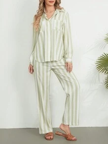 Women's Pajama Set Long Sleeve Button Down Shirt Wide Leg Pants Sleepwear 2-Piece Striped Lounge Pj Set - màu xanh lá - Xem 6